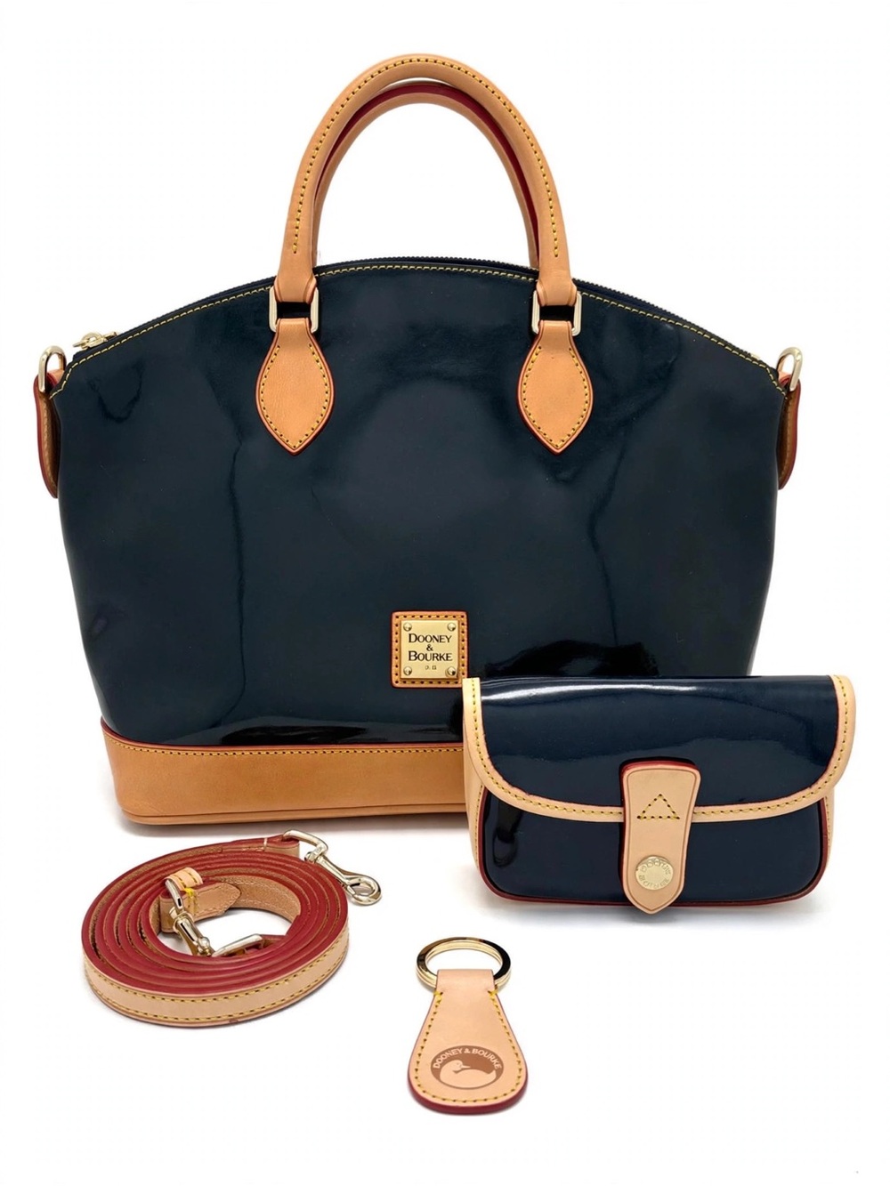 Dooney & Bourke Navy Patent Satchel Set + Wristlet + Fob J5850832